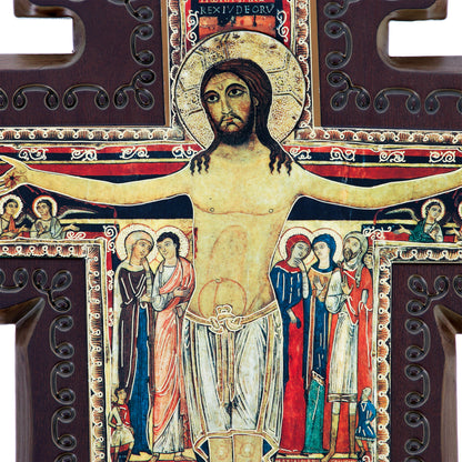 Croce San Damiano in legno con aureola Cristo in rilievo. Altezza 46 cm