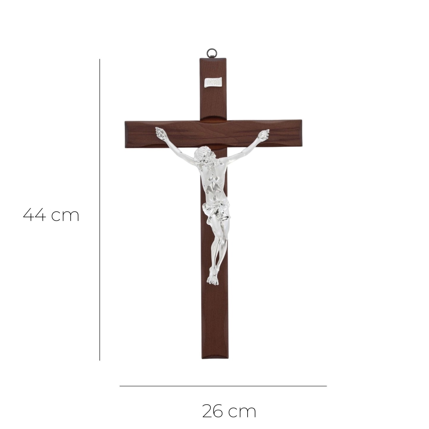Crocifisso in legno e corpo in resina argentata. Altezza 44 cm