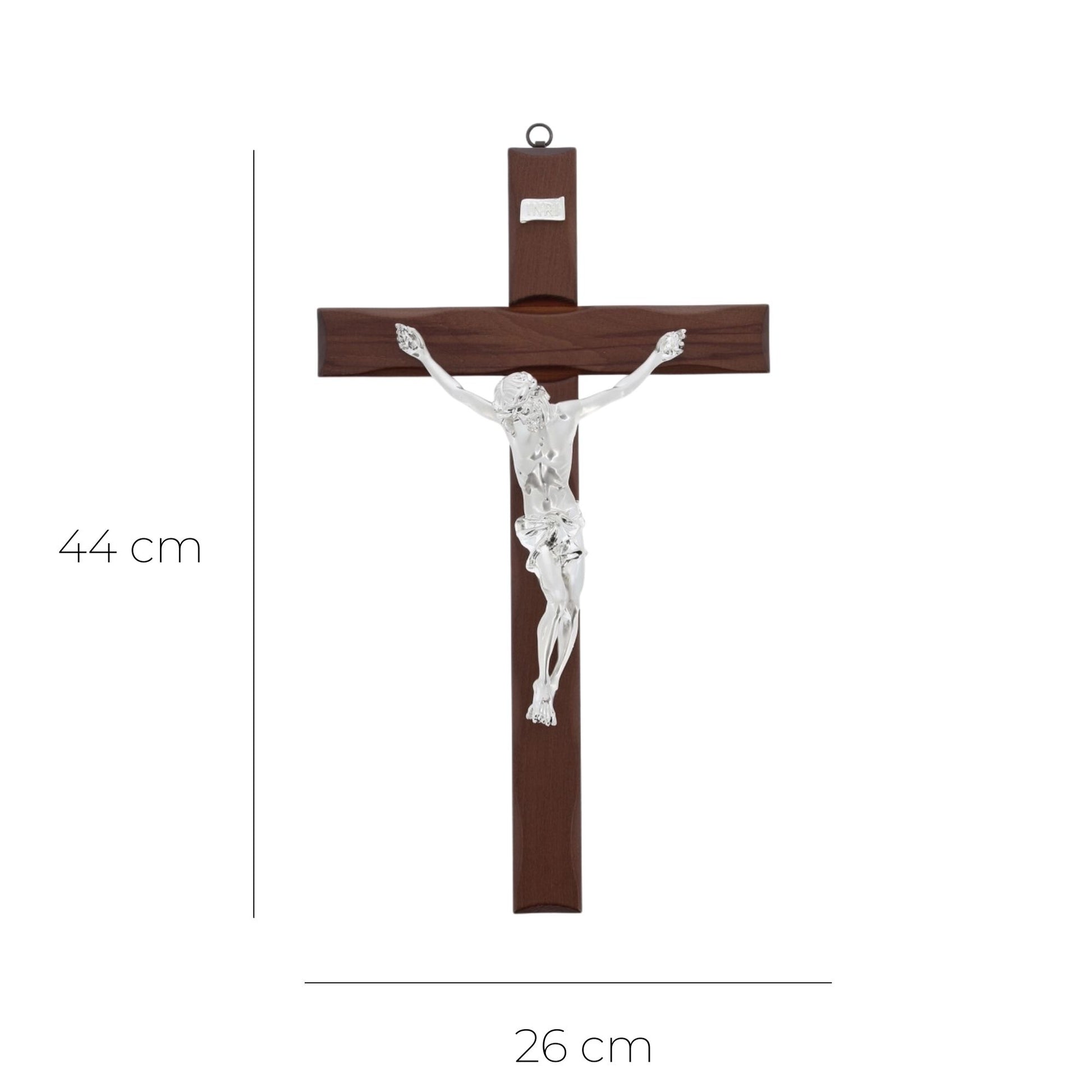 Crocifisso in legno e corpo in resina argentata. Altezza 44 cm