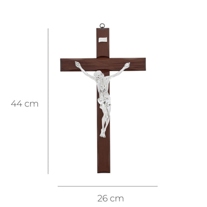 Crocifisso in legno e corpo in resina argentata. Altezza 44 cm