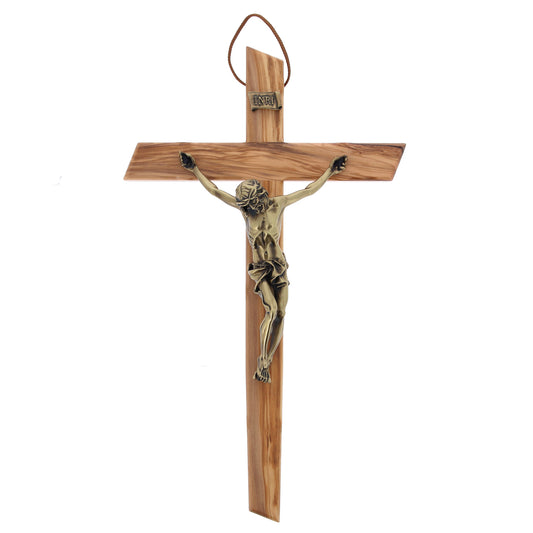 Crocifisso in legno d'olivo e corpo in resina bronzata. Altezza 48 cm