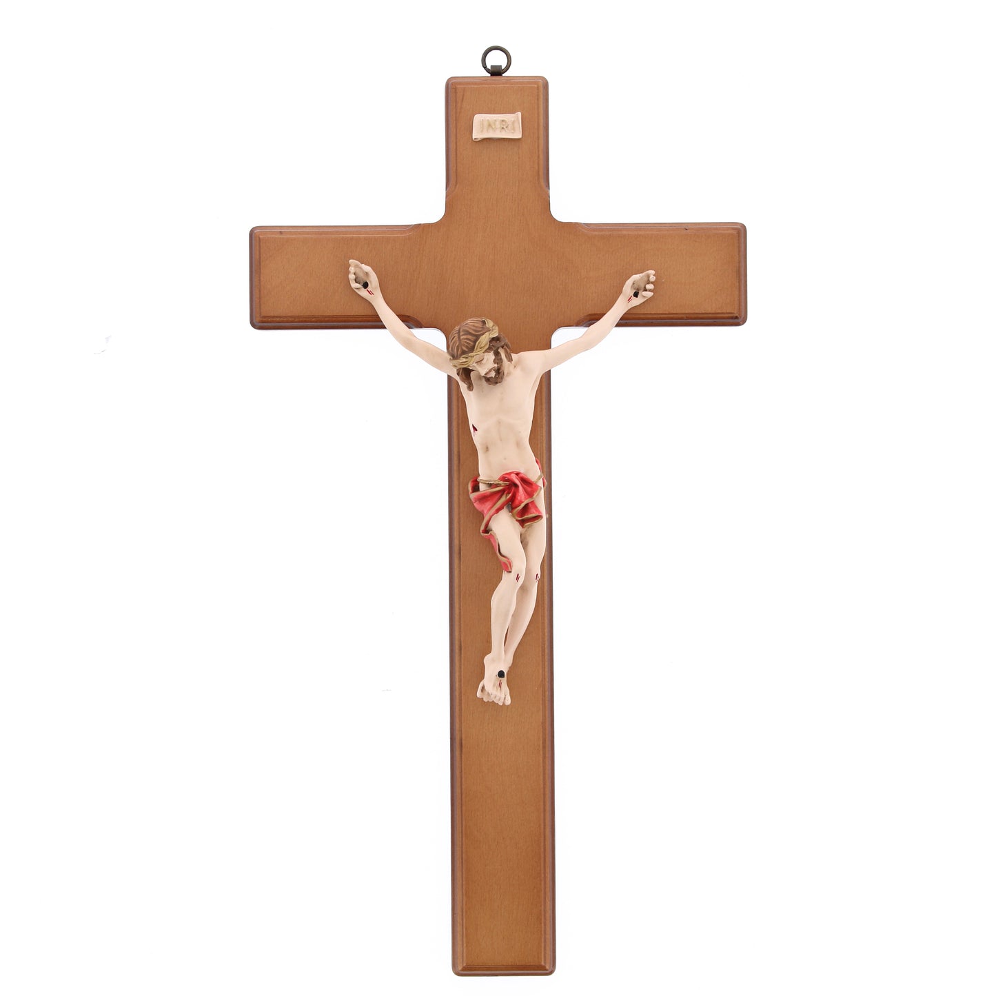 Crocifisso in legno betulla e corpo in resina decorato. Altezza 47 cm