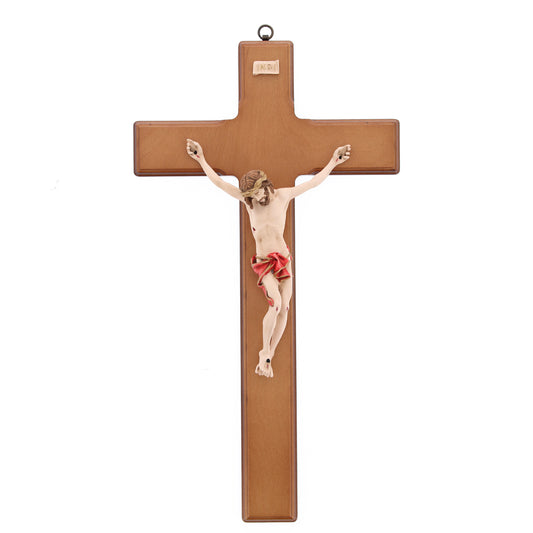 Crocifisso in legno betulla e corpo in resina decorato. Altezza 47 cm