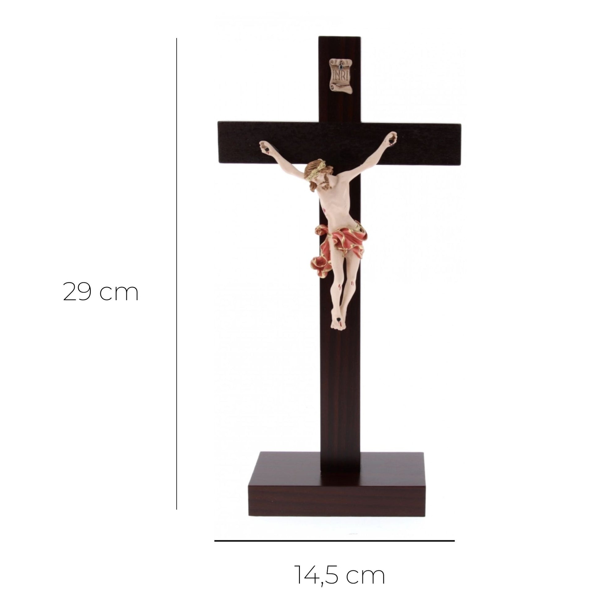 Crocifisso in legno massello e corpo in resina decorato con base. Altezza  29 cm