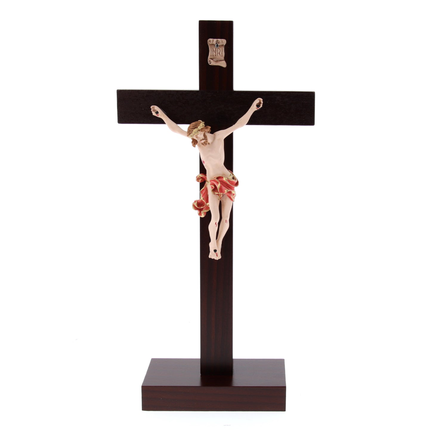 Crocifisso in legno massello e corpo in resina decorato con base. Altezza  29 cm