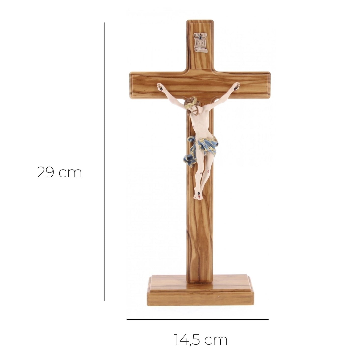 Crocifisso in legno d'olivo e corpo in resina decorato con base. Altezza  29 cm