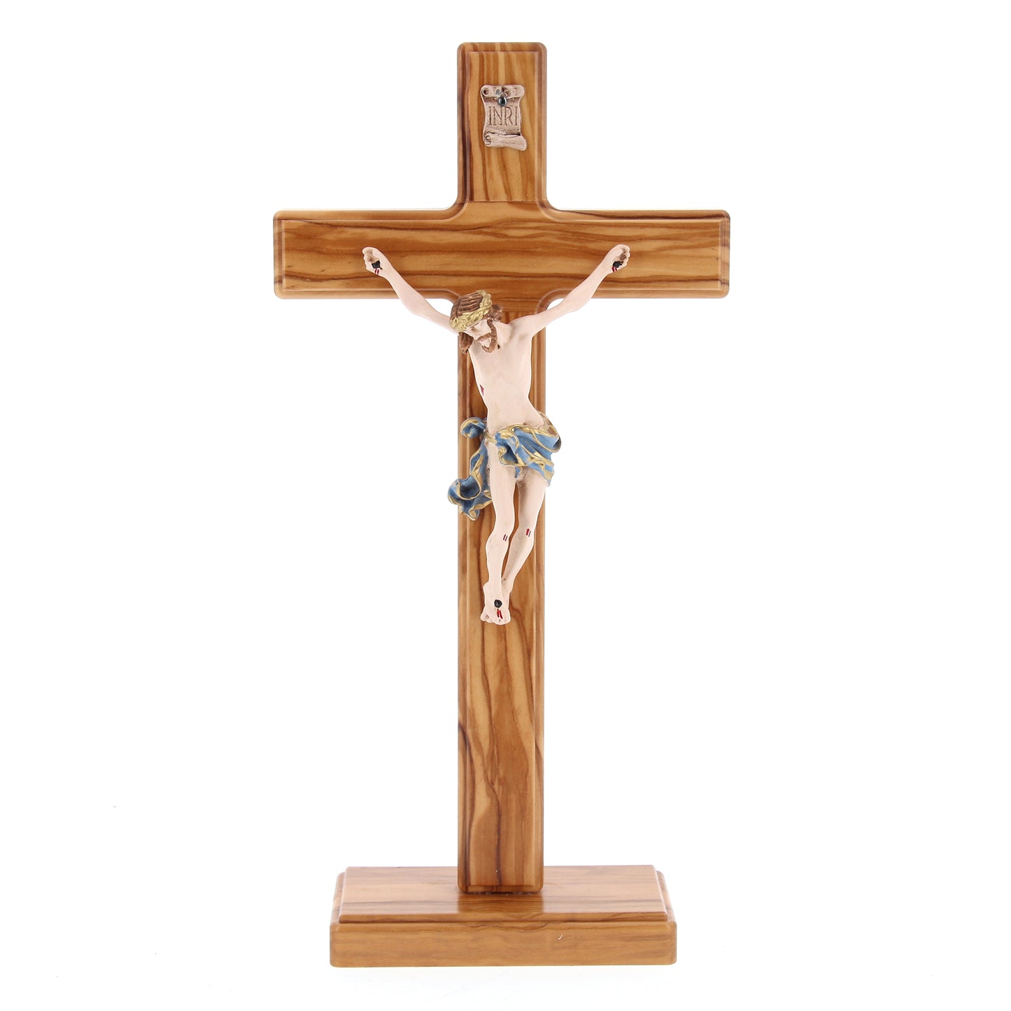 Crocifisso in legno d'olivo e corpo in resina decorato con base. Altezza  29 cm