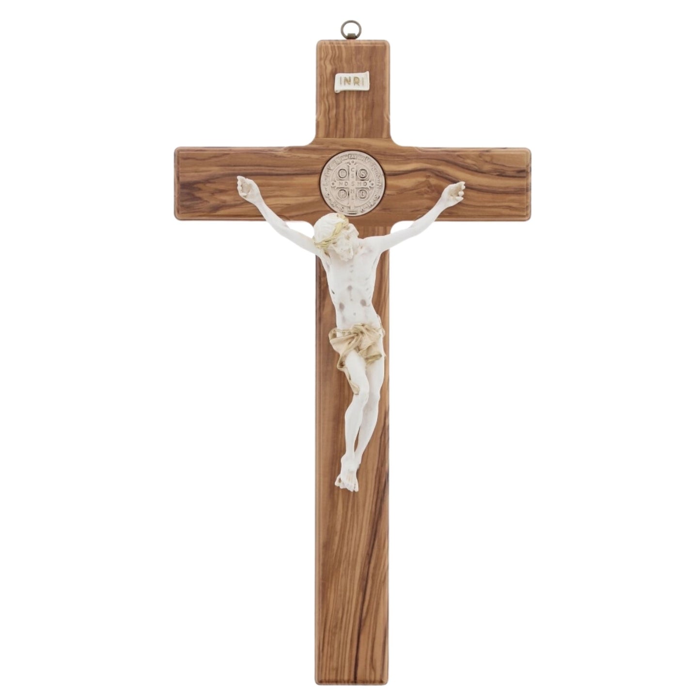 Croce San Benedetto in legno d'olivo,  corpo in resina decorato. Altezza 47 cm