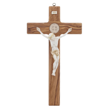 Croce San Benedetto in legno d'olivo,  corpo in resina decorato. Altezza 47 cm