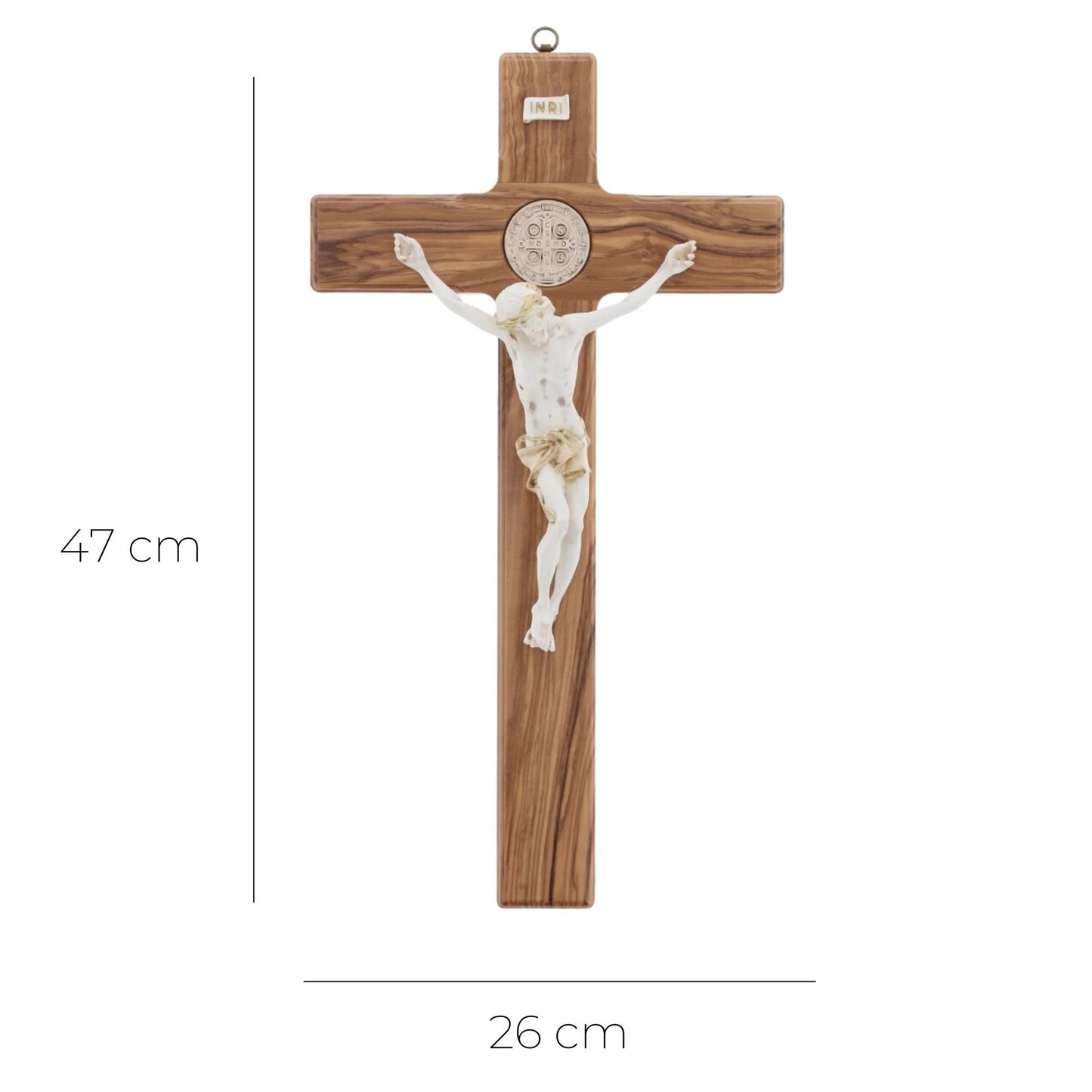 Croce San Benedetto in legno d'olivo,  corpo in resina decorato. Altezza 47 cm