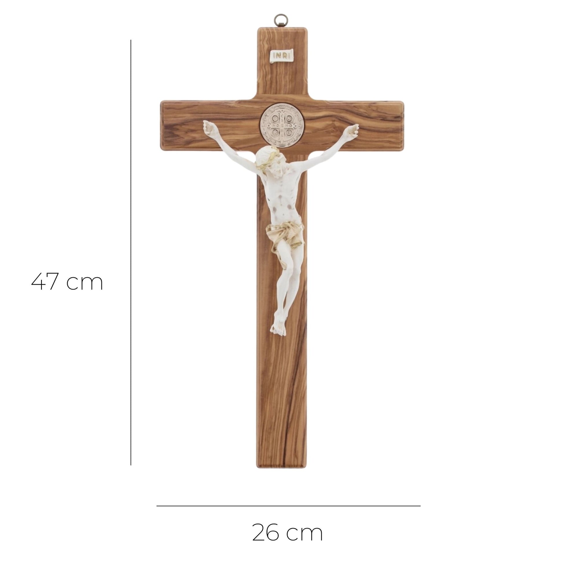 Croce San Benedetto in legno d'olivo,  corpo in resina decorato. Altezza 47 cm