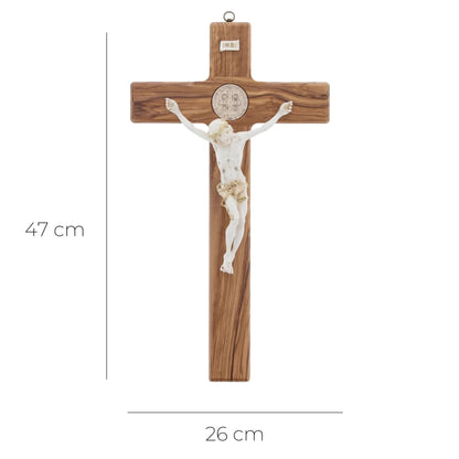 Croce San Benedetto in legno d'olivo,  corpo in resina decorato. Altezza 47 cm