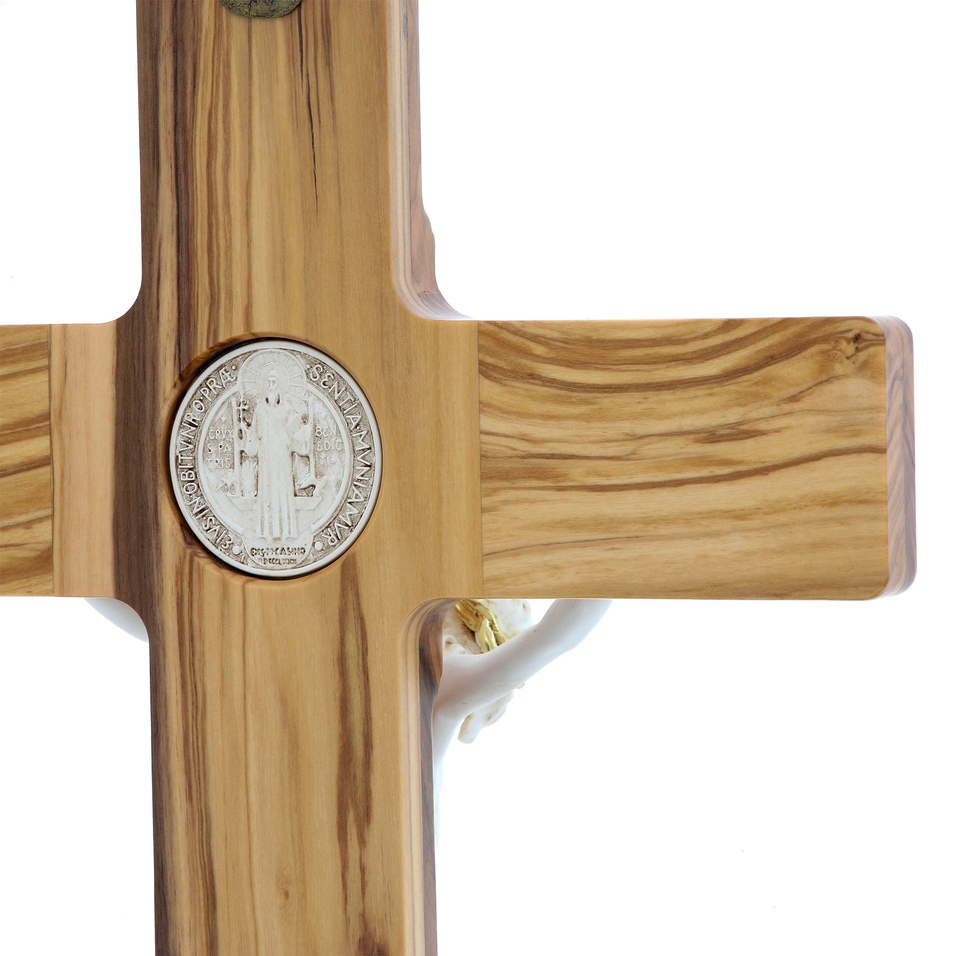 Croce San Benedetto in legno d'olivo,  corpo in resina decorato. Altezza 47 cm