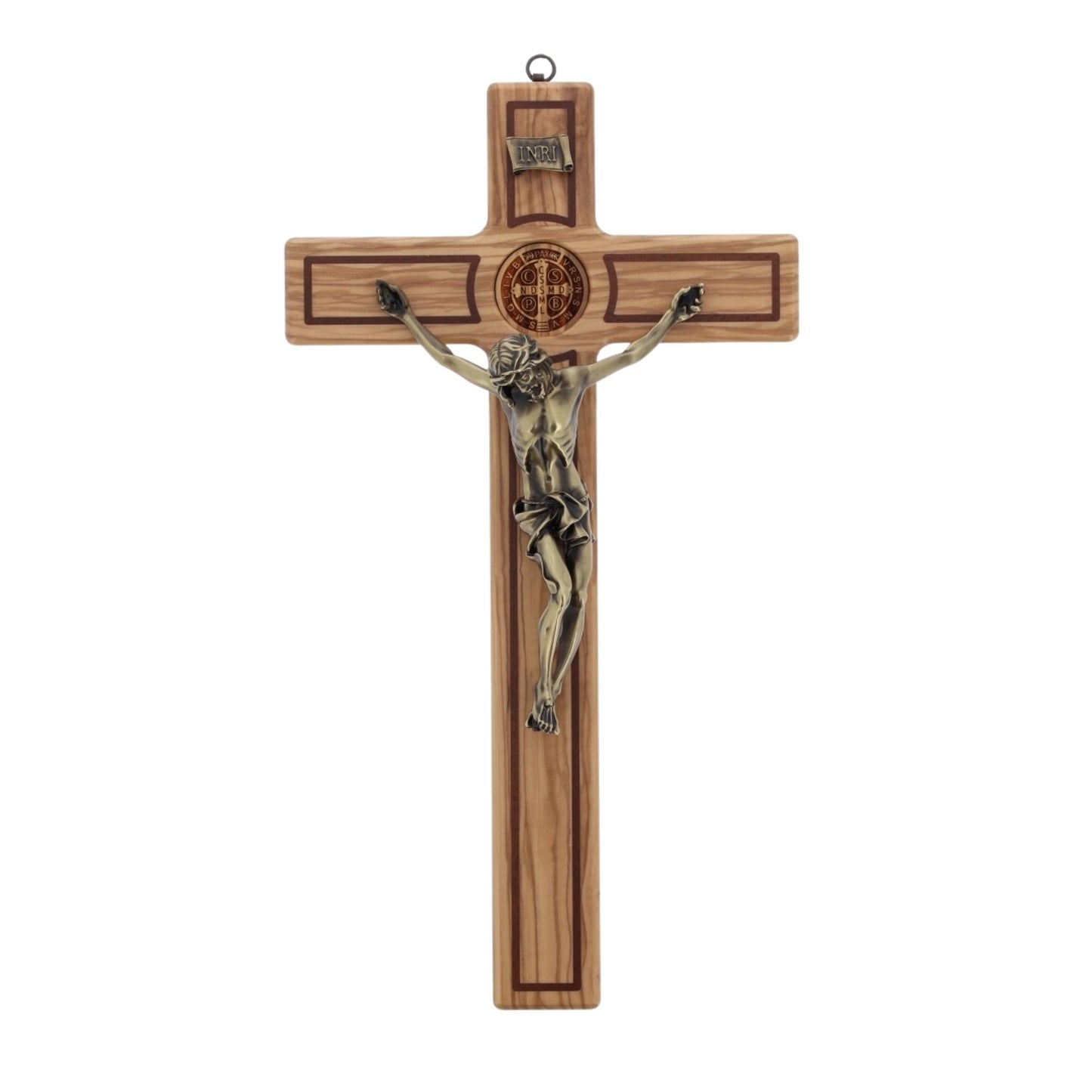 Croce San Benedetto in legno d'olivo,  corpo in resina bronzata. Altezza 47 cm