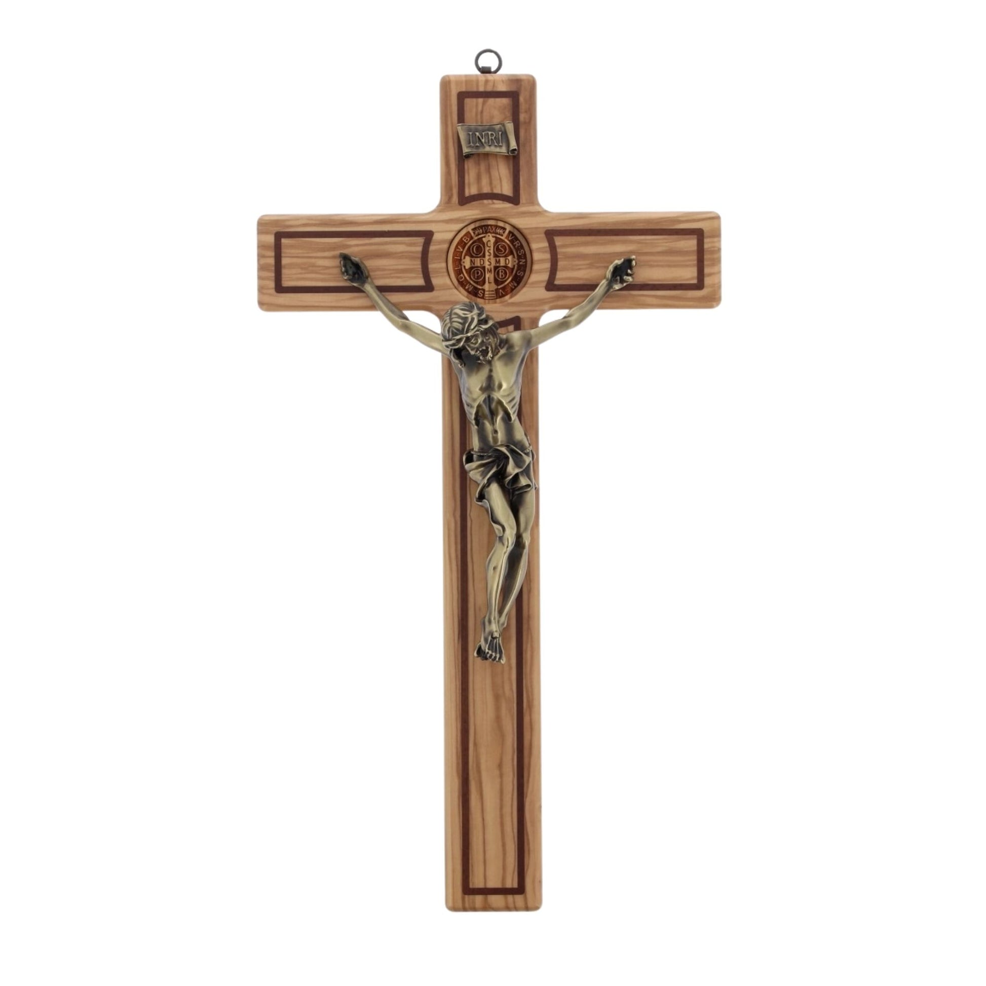 Croce San Benedetto in legno d'olivo,  corpo in resina bronzata. Altezza 47 cm