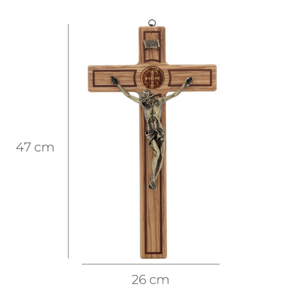 Croce San Benedetto in legno d'olivo,  corpo in resina bronzata. Altezza 47 cm