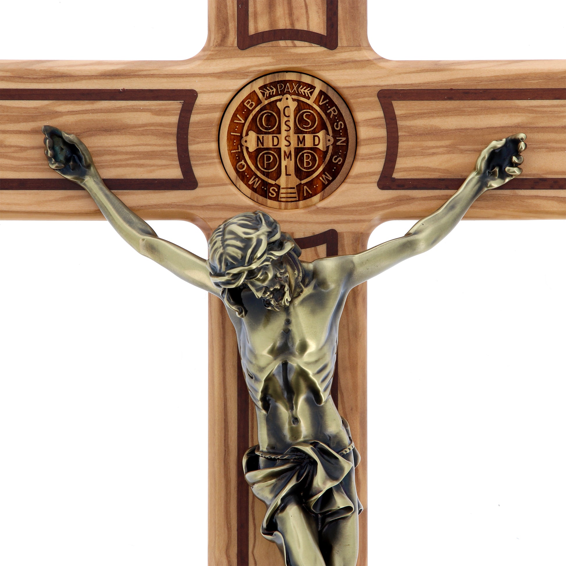 Croce San Benedetto in legno d'olivo,  corpo in resina bronzata. Altezza 47 cm