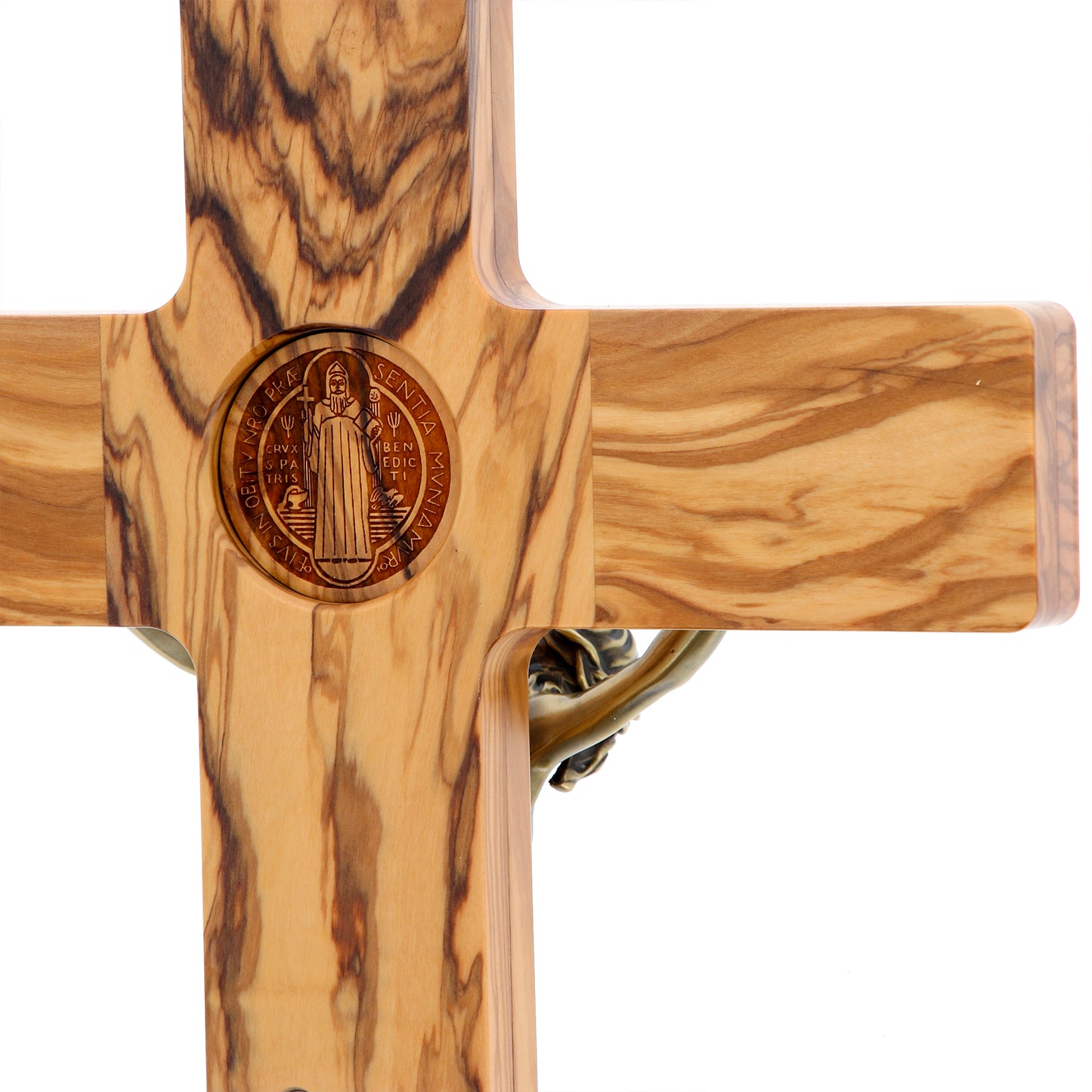 Croce San Benedetto in legno d'olivo,  corpo in resina bronzata. Altezza 47 cm