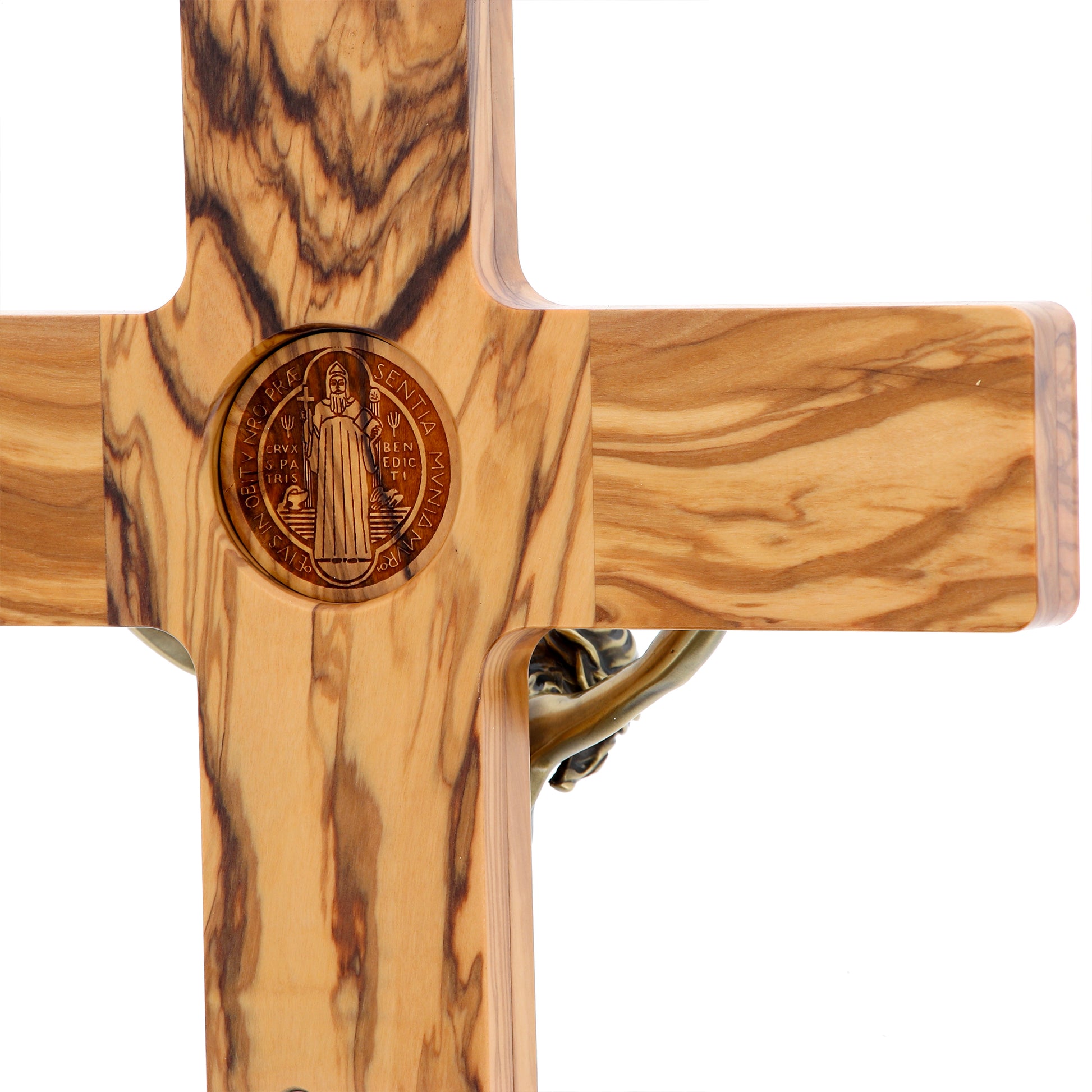 Croce San Benedetto in legno d'olivo,  corpo in resina bronzata. Altezza 47 cm