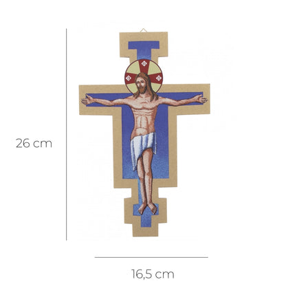 Crocifisso in legno e cementite decorato. Altezza 25 cm