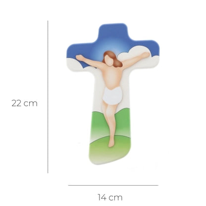 Crocifisso in legno decorato e corpo a rilievo. Altezza 22 cm