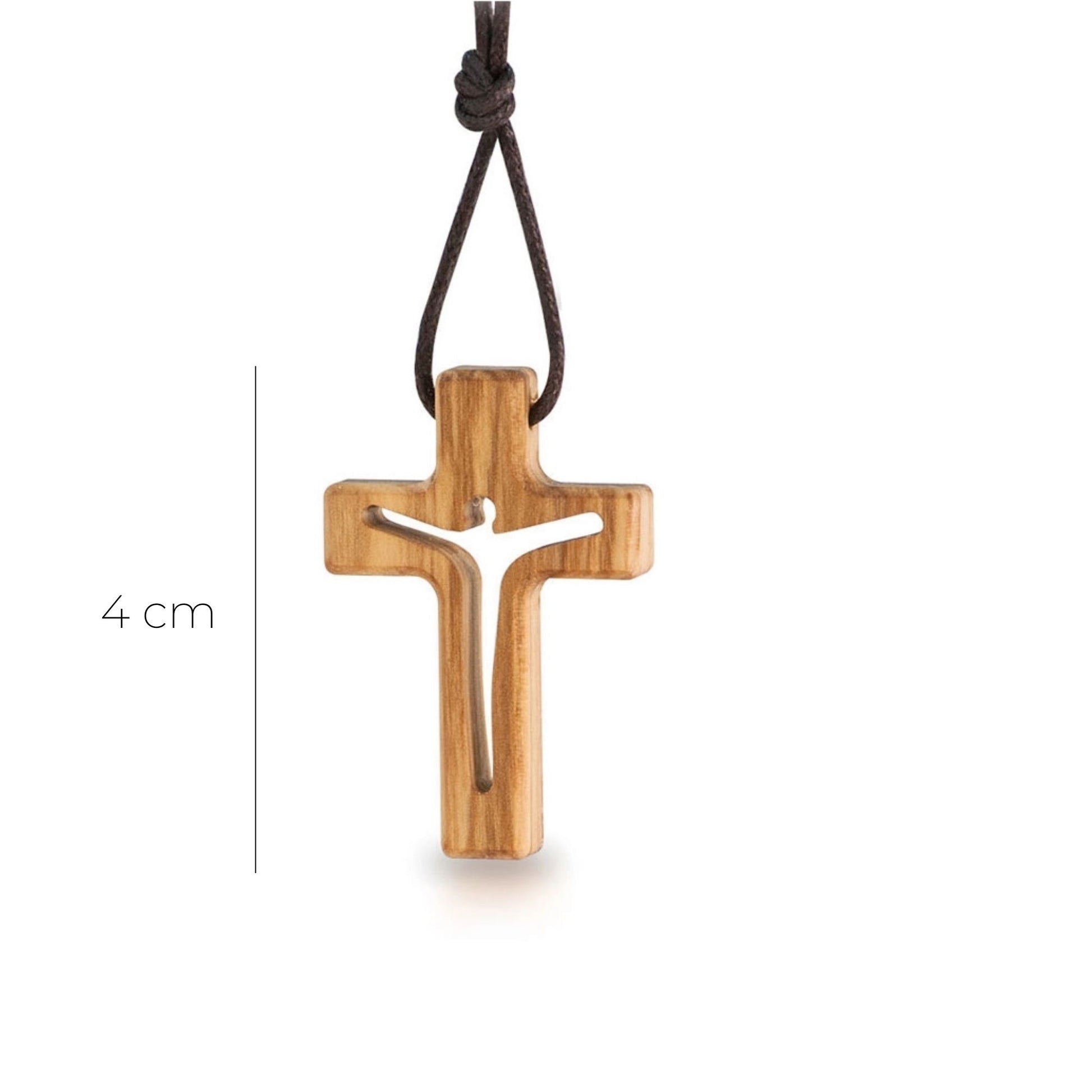 Ciondolo croce in legno d'olivo, corpo traforato, con cordoncino 4 cm