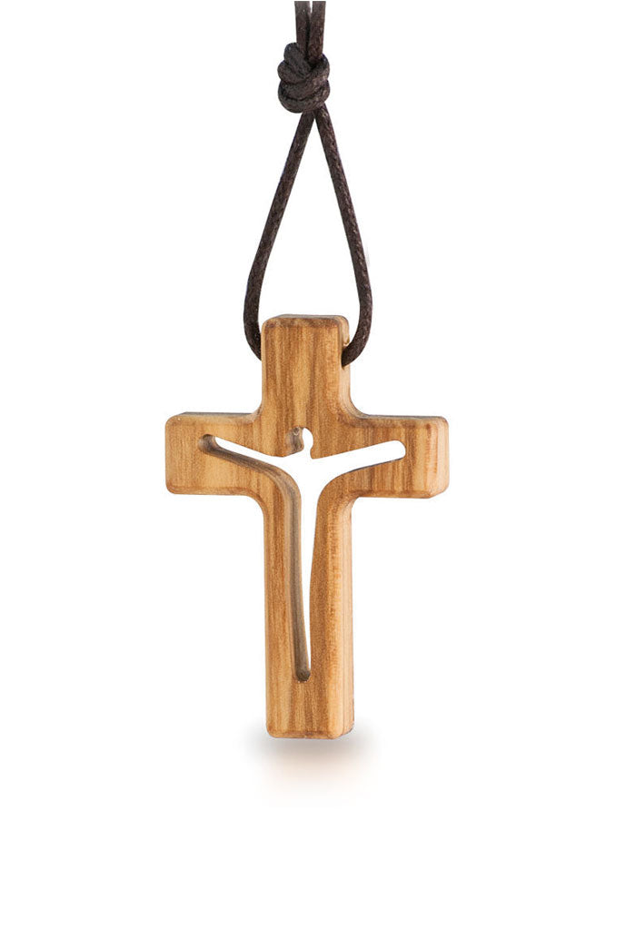 Ciondolo croce in legno d'olivo, corpo traforato, con cordoncino 4 cm