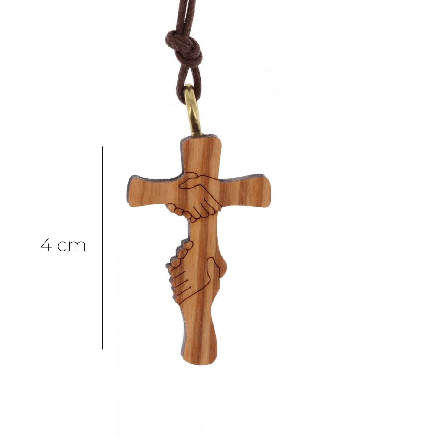 Ciondolo croce Amicizia in legno d'olivo, con cordoncino 4 cm