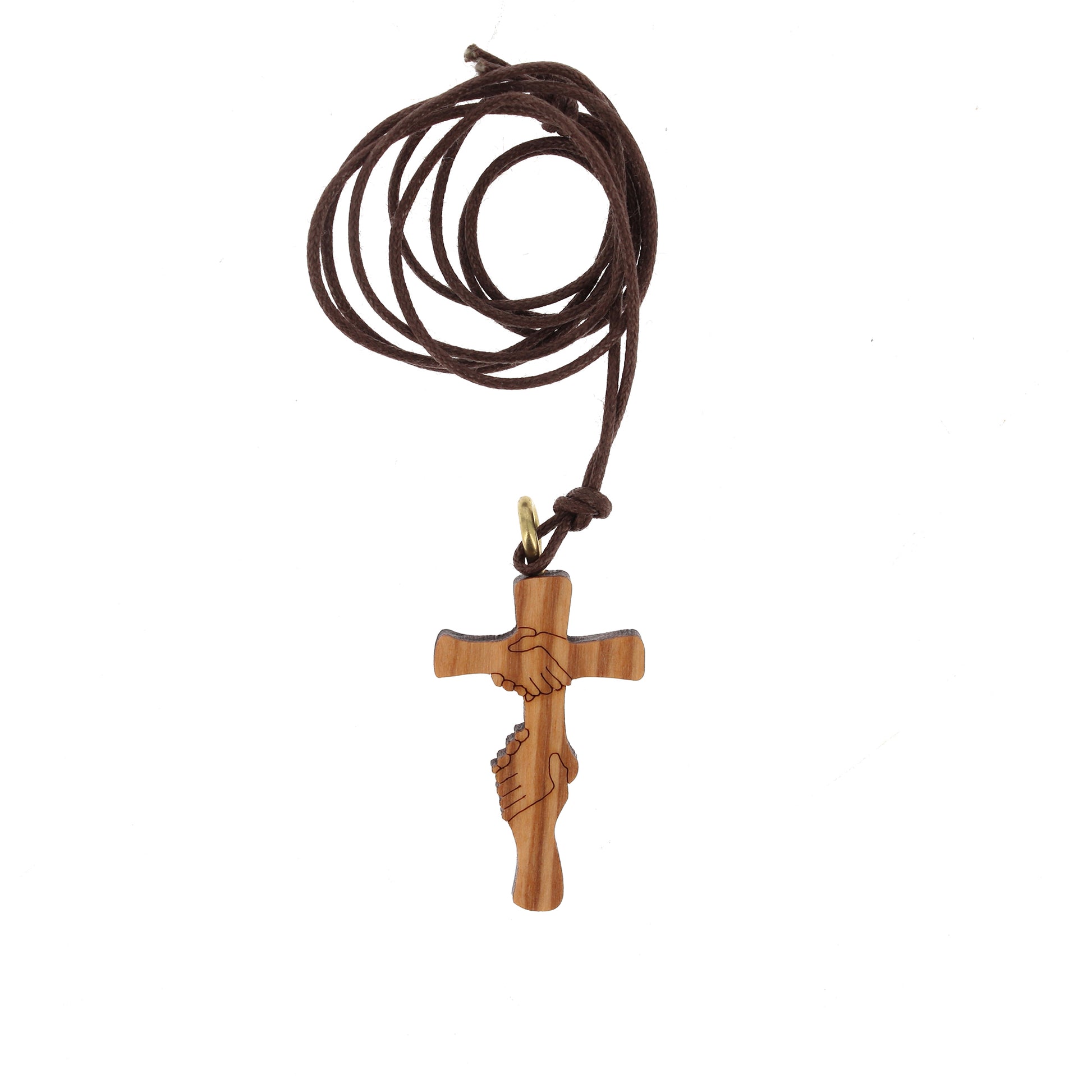 Ciondolo croce Amicizia in legno d'olivo, con cordoncino 4 cm