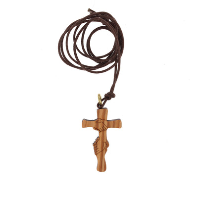 Ciondolo croce Amicizia in legno d'olivo, con cordoncino 4 cm