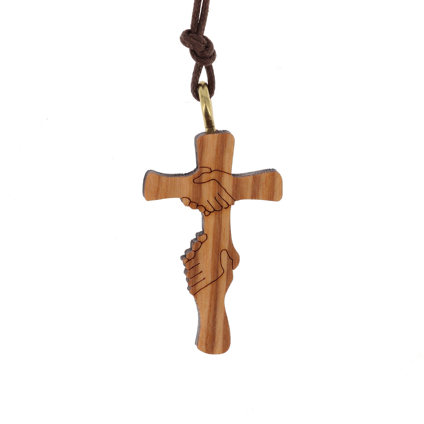 Ciondolo croce Amicizia in legno d'olivo, con cordoncino 4 cm