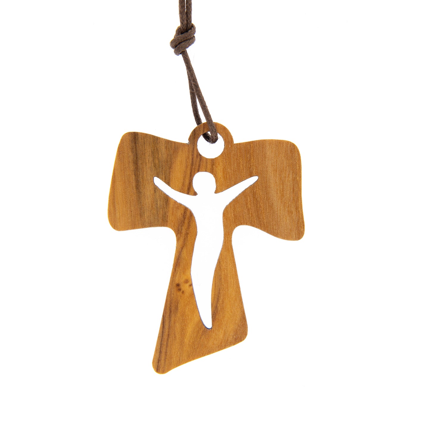 Tau in legno d'olivo con corpo traforato e cordoncino 3 cm