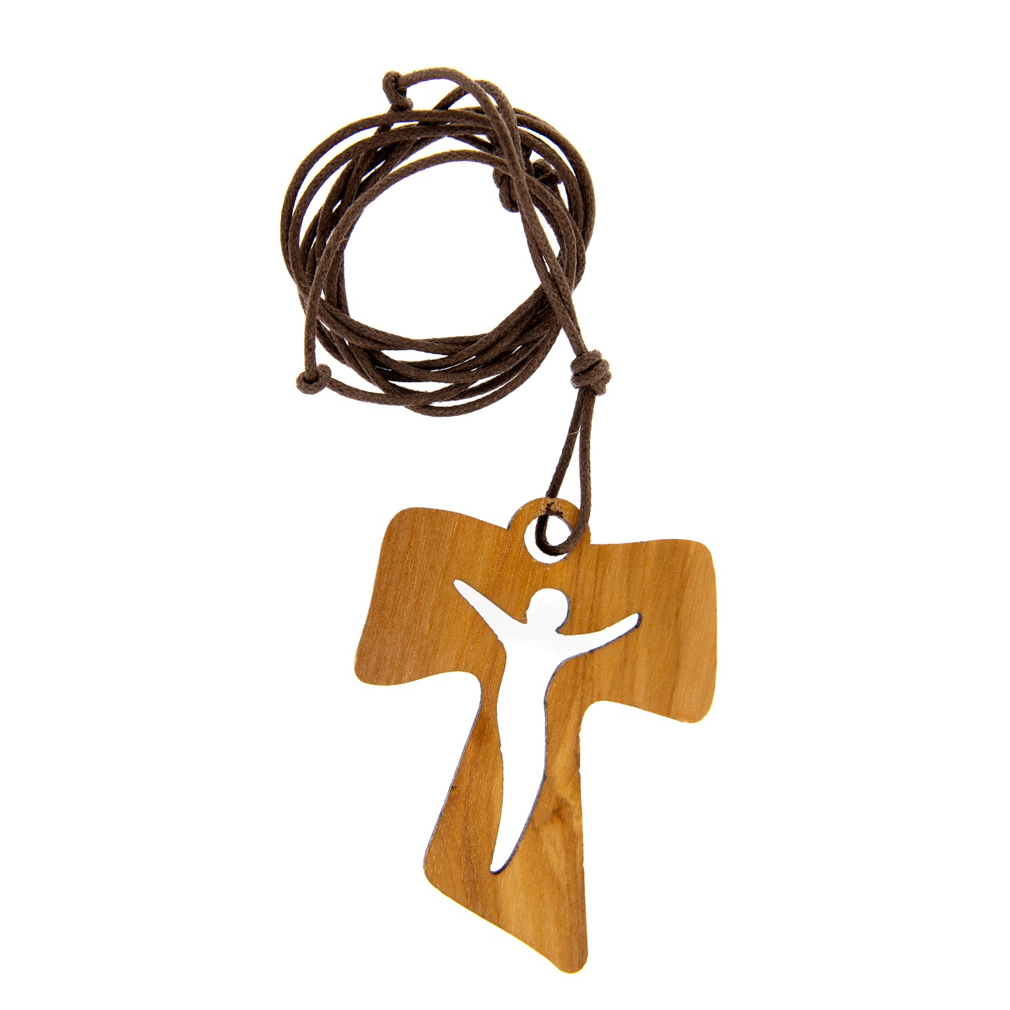 Tau in legno d'olivo con corpo traforato e cordoncino 3 cm