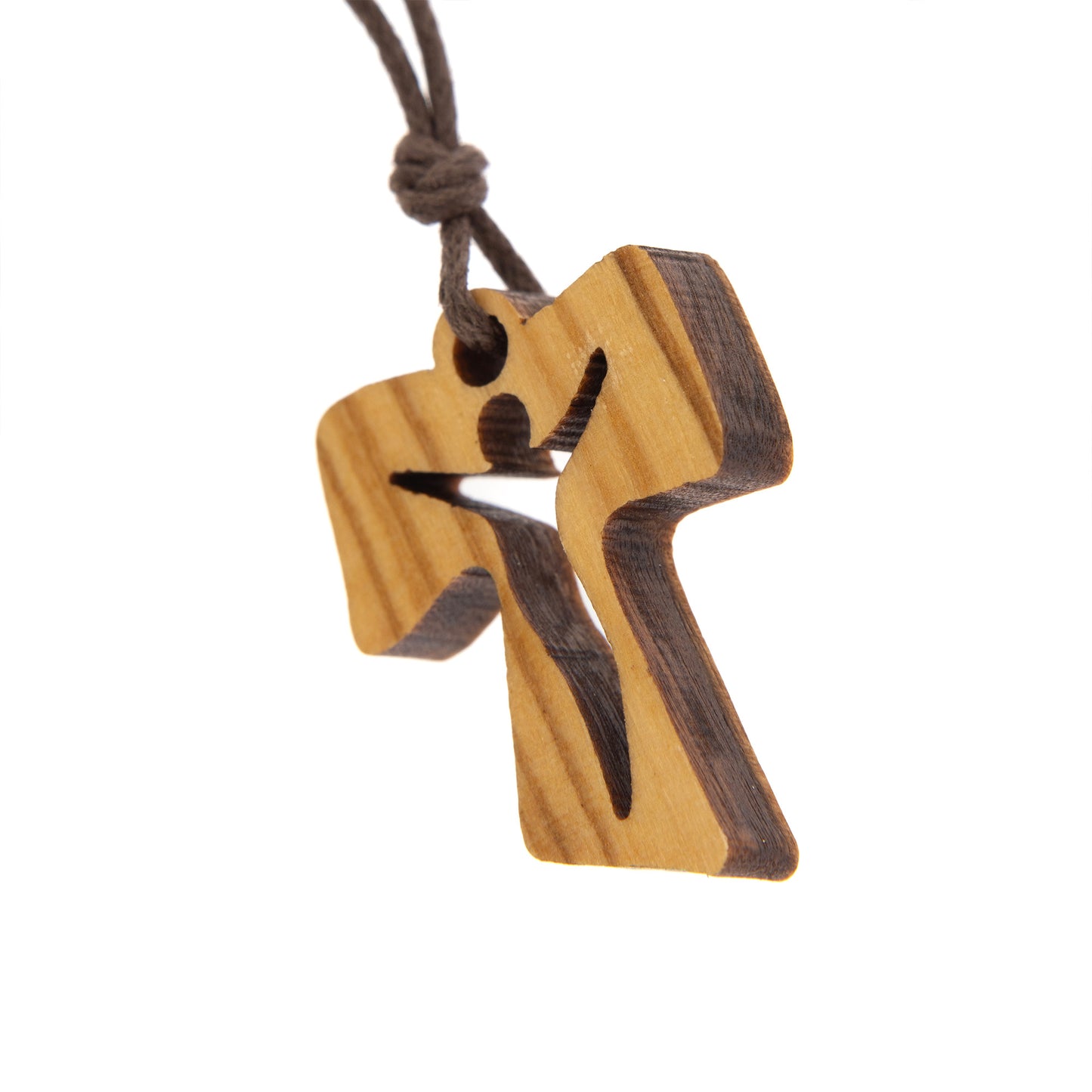 Tau in legno d'olivo con corpo traforato e cordoncino 3 cm