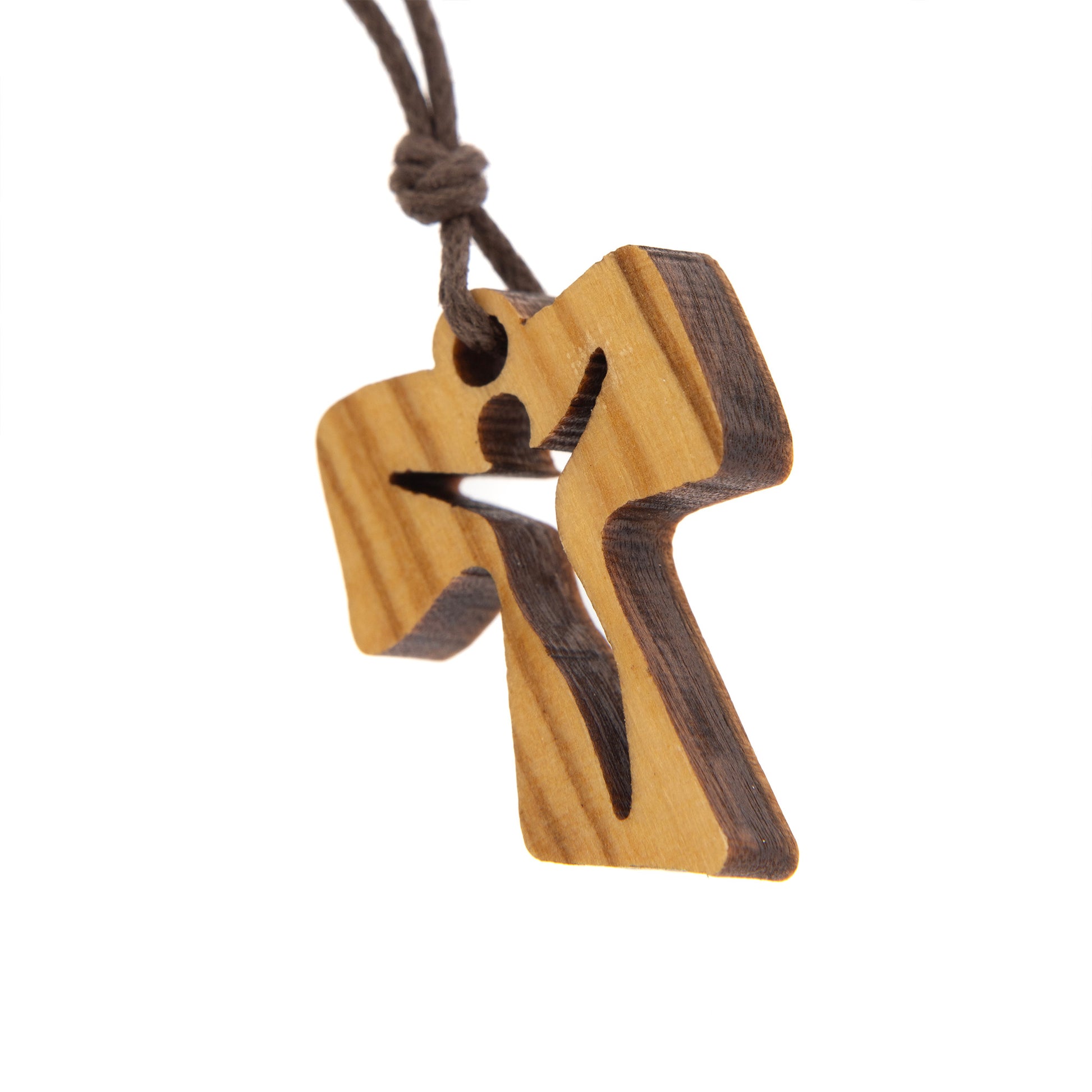 Tau in legno d'olivo con corpo traforato e cordoncino 3 cm