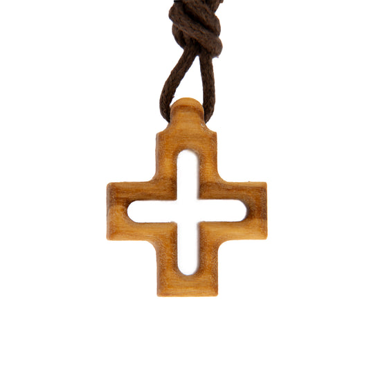 Ciondolo croce in legno d'olivo traforata, con cordoncino 1,5 cm