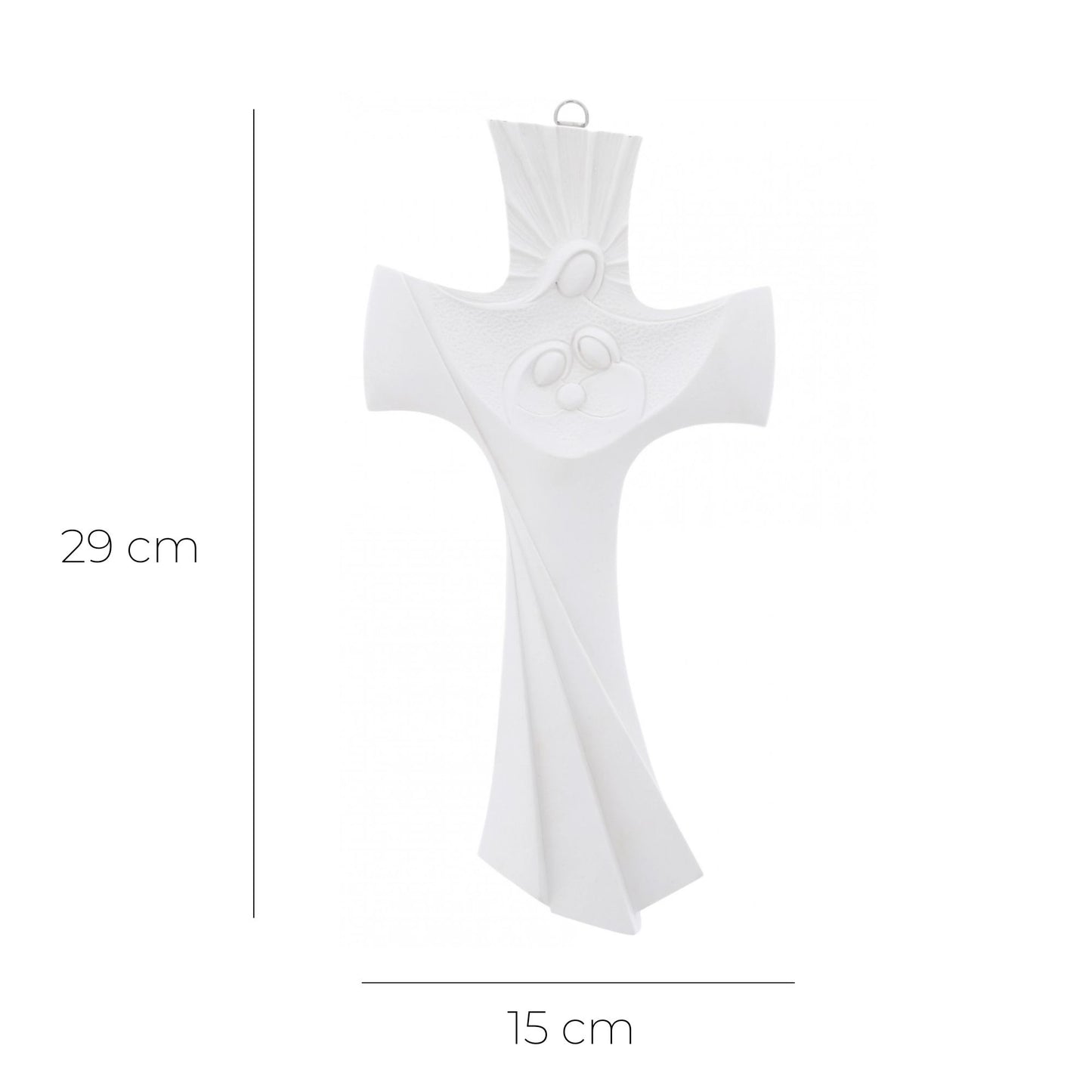 Crocifisso Sacra Famiglia, moderno, in resina bianca. Altezza 29 cm