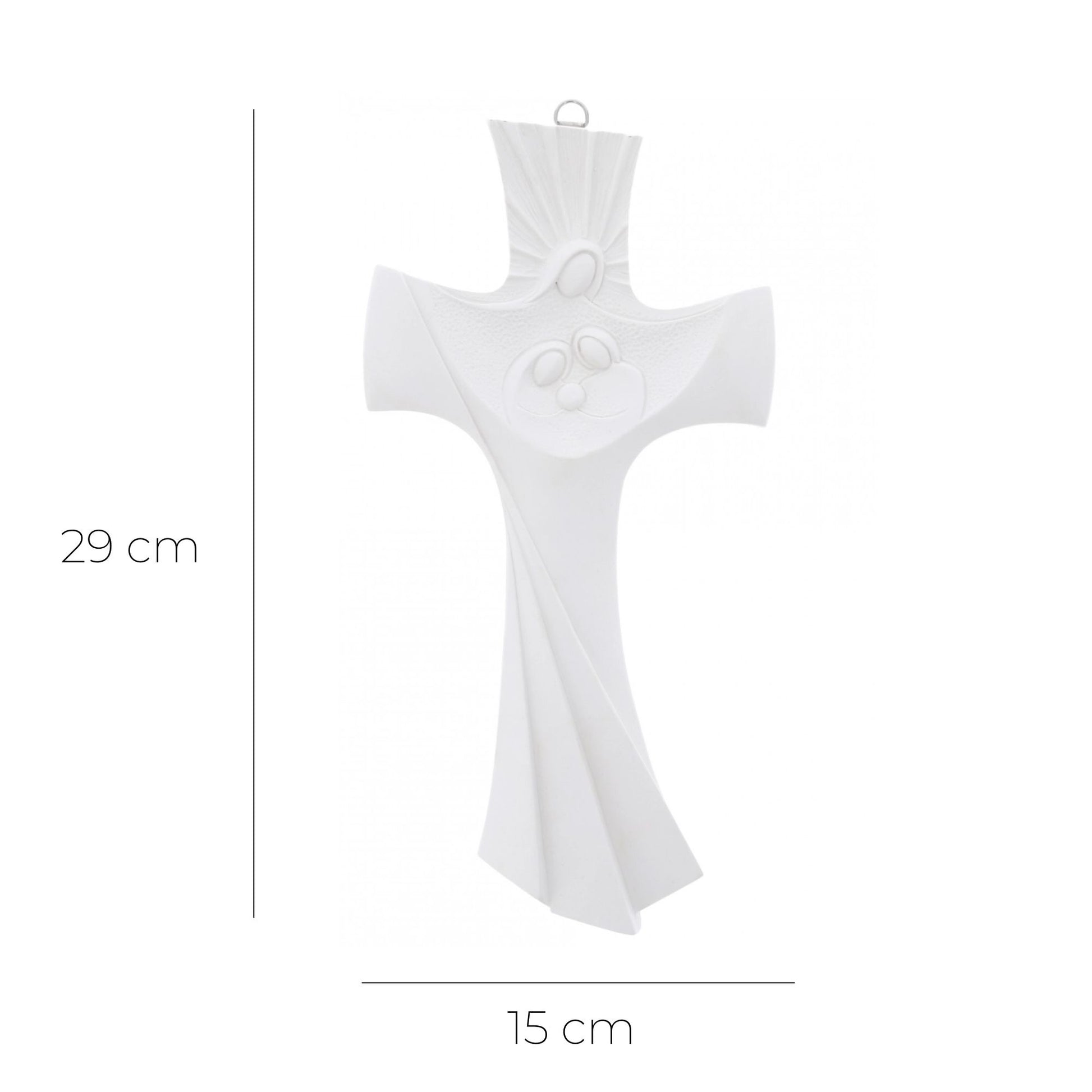 Crocifisso Sacra Famiglia, moderno, in resina bianca. Altezza 29 cm