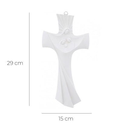 Crocifisso Sacra Famiglia, moderno, in resina bianca. Altezza 29 cm