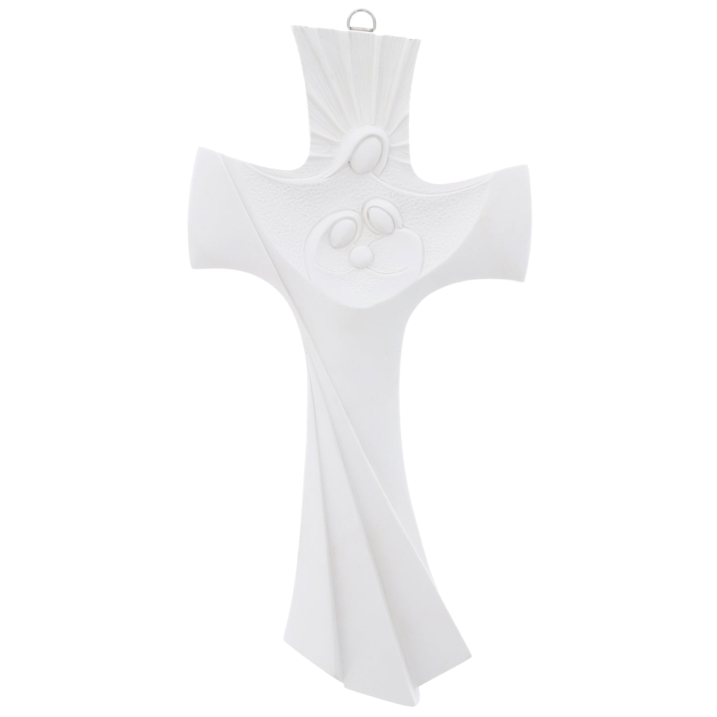 Crocifisso Sacra Famiglia, moderno, in resina bianca. Altezza 29 cm