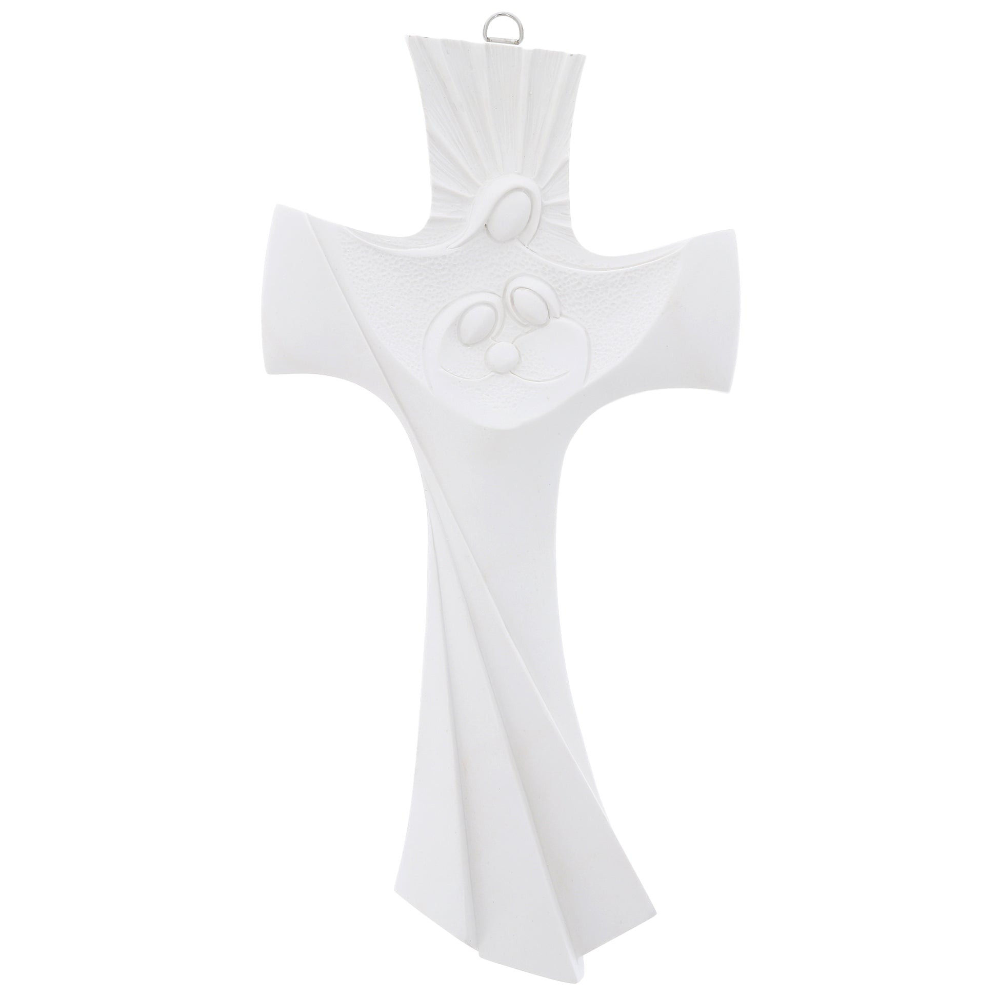 Crocifisso Sacra Famiglia, moderno, in resina bianca. Altezza 29 cm