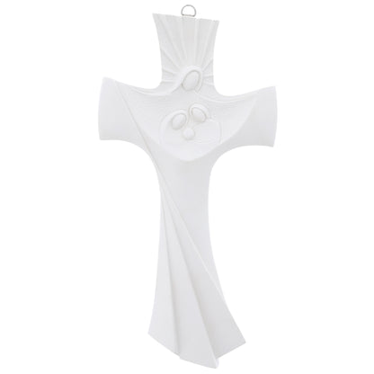 Crocifisso Sacra Famiglia, moderno, in resina bianca. Altezza 29 cm