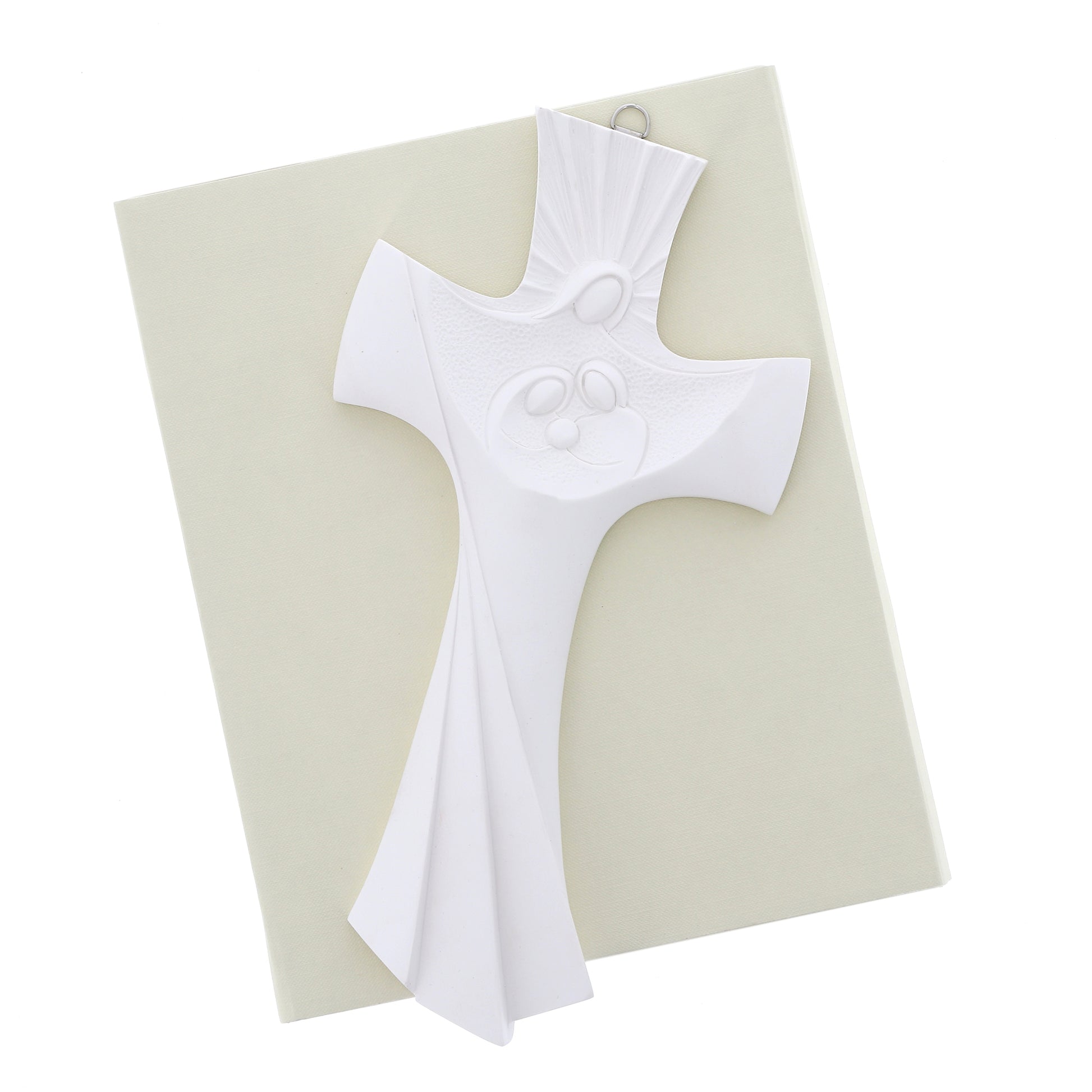 Crocifisso Sacra Famiglia, moderno, in resina bianca. Altezza 29 cm
