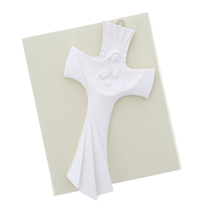 Crocifisso Sacra Famiglia, moderno, in resina bianca. Altezza 29 cm