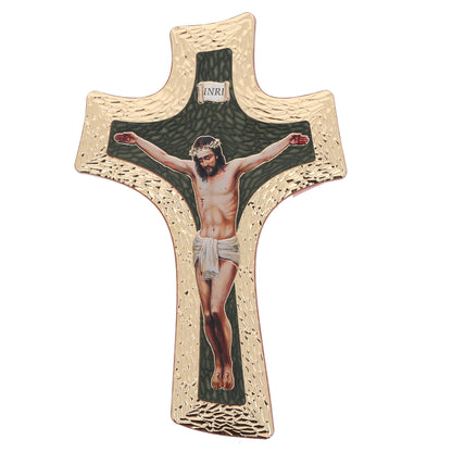 Crocifisso in polimero con stampa immagine oro a caldo. Altezza 22 cm