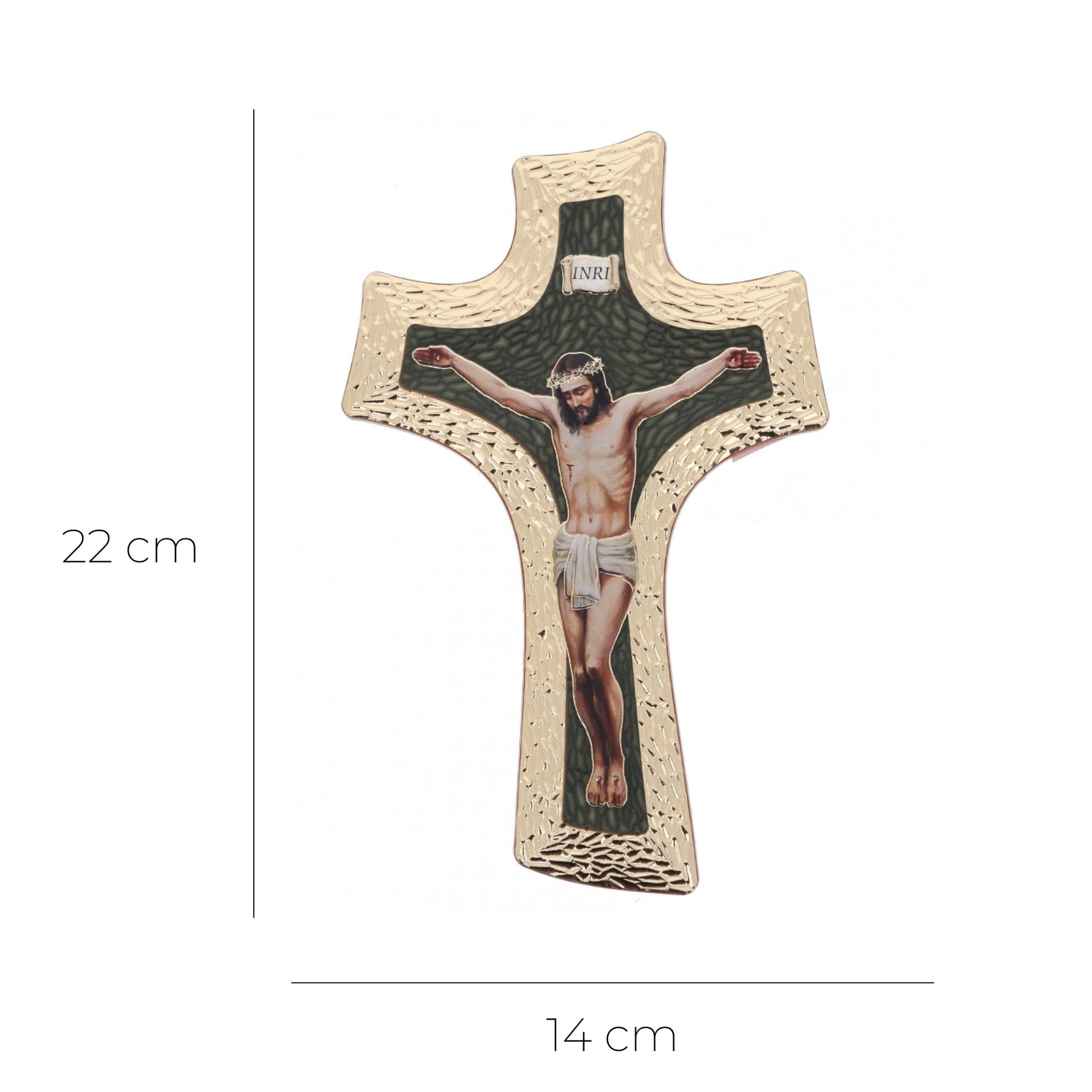 Crocifisso in polimero con stampa immagine oro a caldo. Altezza 22 cm
