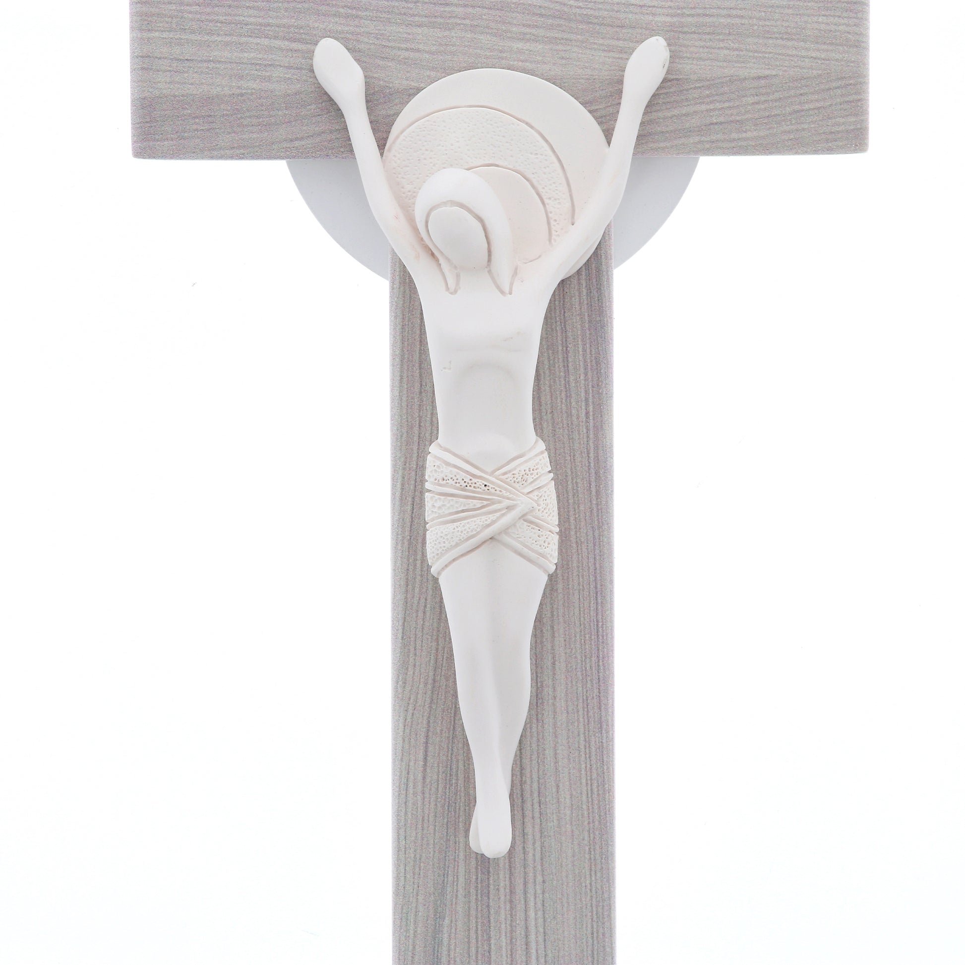 Crocifisso moderno in legno e corpo in resina. Altezza 26 cm