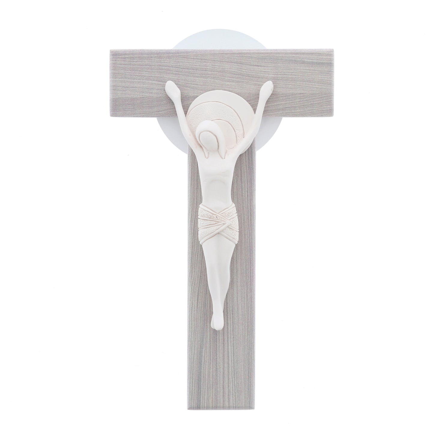 Crocifisso moderno in legno e corpo in resina. Altezza 26 cm