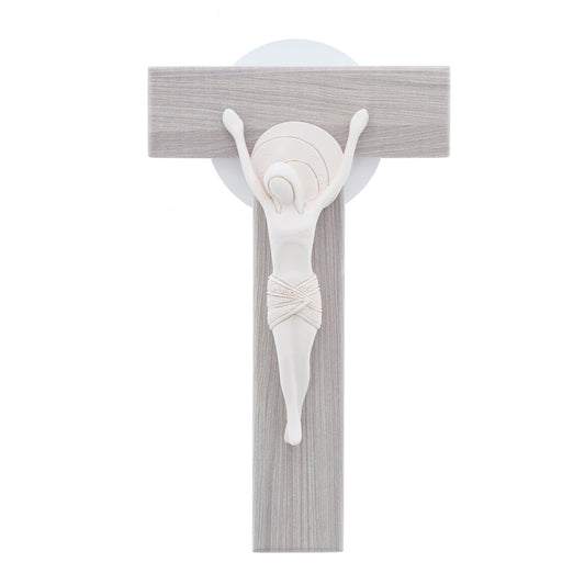 Crocifisso moderno in legno e corpo in resina. Altezza 26 cm