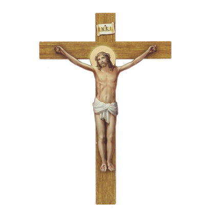 Crocifisso in polimero effetto legno, Cristo in rilievo. Altezza 12 cm